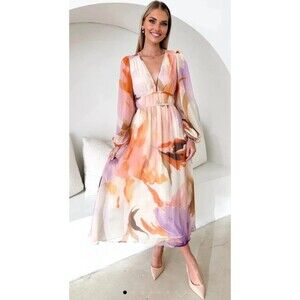 Gingham & Heels Adah Maxi Dress Sz US 4 Floral Long Sleeve Midi Cocktail